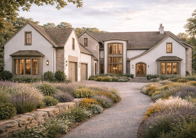 Luxury custom residence featuring timeless European-inspired architecture, natural stone detailing, manicured cottage gardens, and a grand entry sequence designed for elevated residential living.