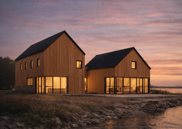 Modern waterfront lake house with cedar siding, expansive floor-to-ceiling windows, contemporary gabled architecture, and panoramic sunset views designed for luxury lakeside living and indoor-outdoor entertaining.