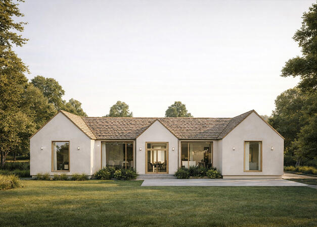 Modern custom home with timeless gabled architecture, smooth stucco exterior, expansive windows, and thoughtfully integrated indoor-outdoor living spaces designed for luxury residential living.