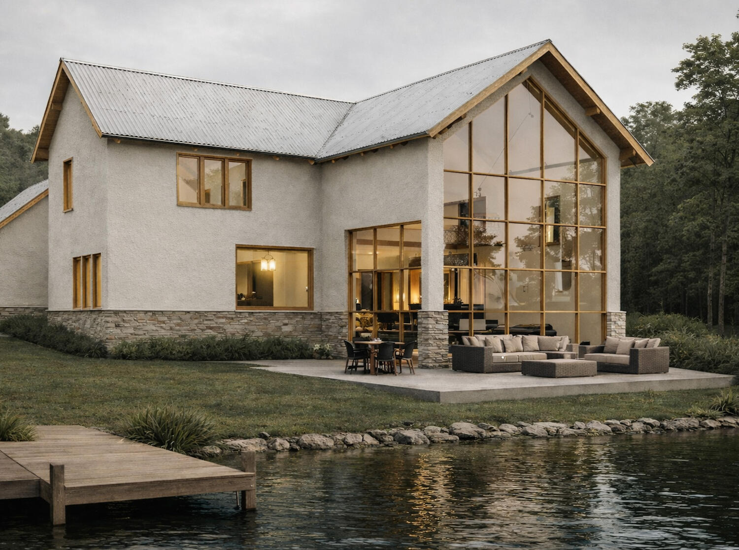 Modern Lake House Architecture | Custom Waterfront Home Modern waterfront home featuring a dramatic two-story glass wall, expansive outdoor living terrace, natural stone detailing, and lakefront views designed for entertaining, gathering, and everyday living.